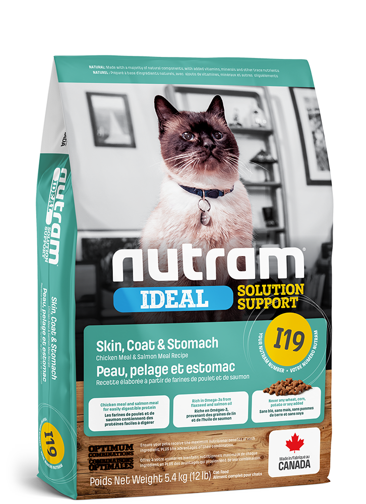 NUTRAM CHAT I19 IDEAL SOLUTION SUPPORT PEAU, PELAGE ET ESTOMAC - RECETTE POULET ET SAUMON