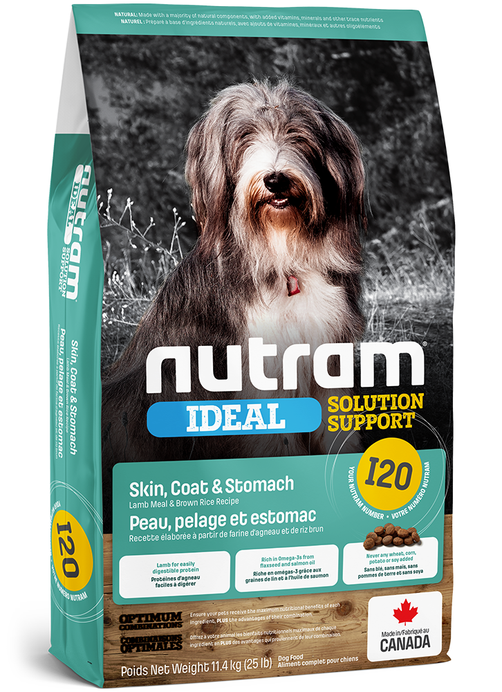 NUTRAM CHIEN I20 IDEAL SOLUTION SUPPORT PEAU. PELAGE ET ESTOMAC SENSIBLE - RECETTE AGNEAU ET RIZ BRUN
