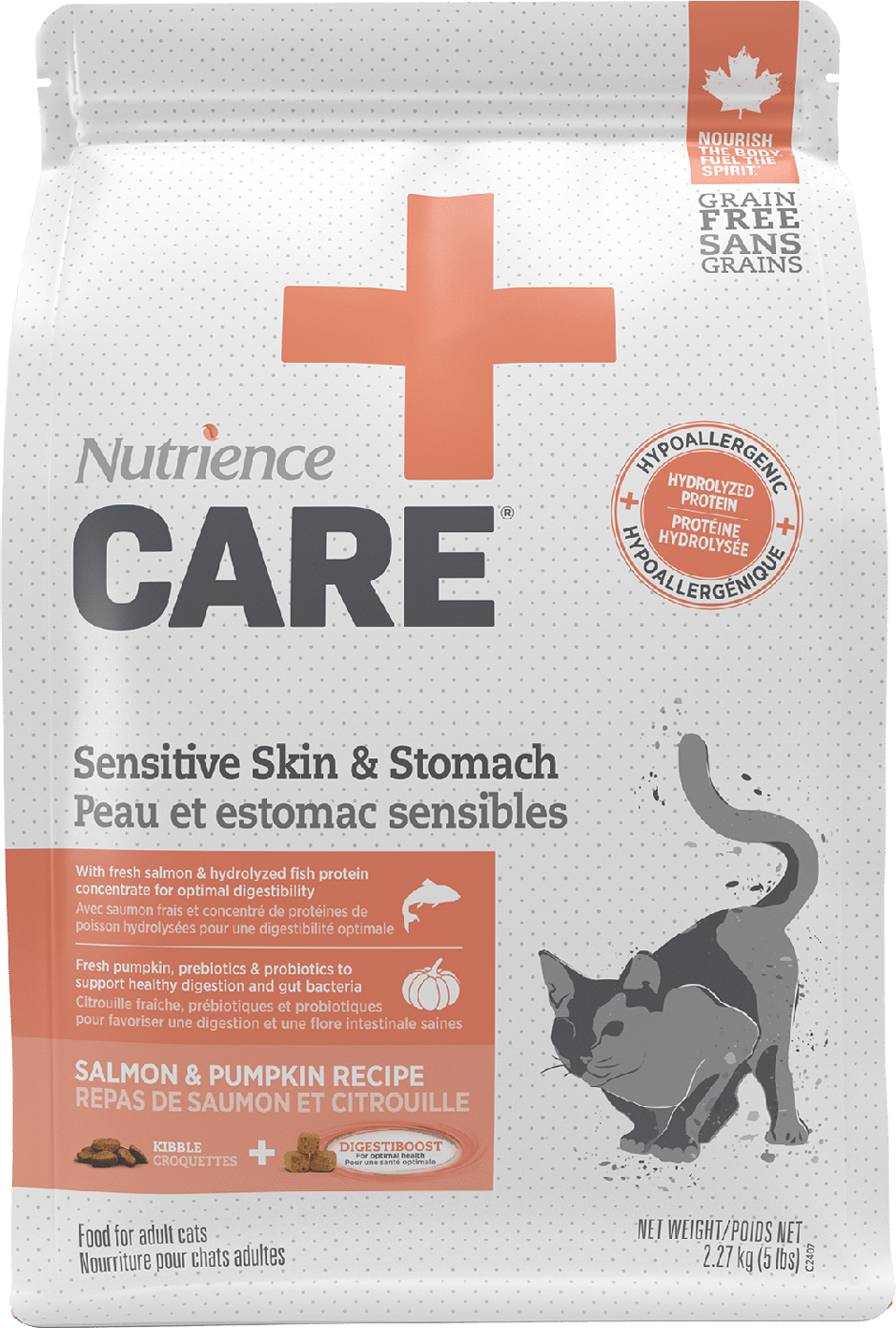 NUTRIENCE CHAT CARE PEAU ET ESTOMAC SENSIBLES - MÉLANGE DE SAUMON FRAIS, PROTÉINE NOVATRICE, ET DE CONCENTRÉ DE PROTÉINES DE POISSON HYDROLYSÉES