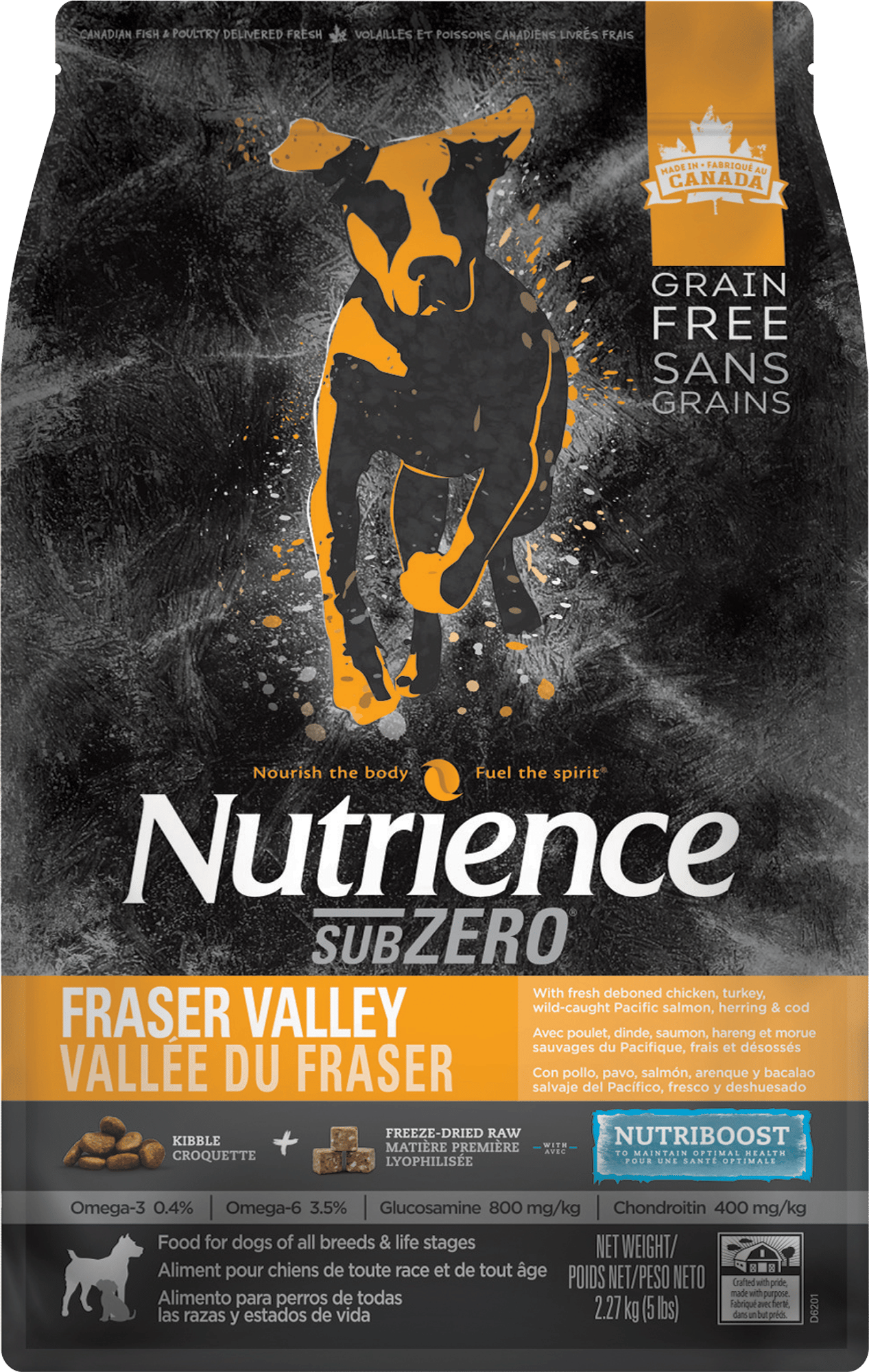 NUTRIENCE CHIEN SUBZERO VALLÉE DU FRAZER - TOUTES RACES - TOUT ÂGE - VOLAILLES, POISSONS SAUVAGE DU PACIFIQUE ET POULET SÉCHÉ À FROID