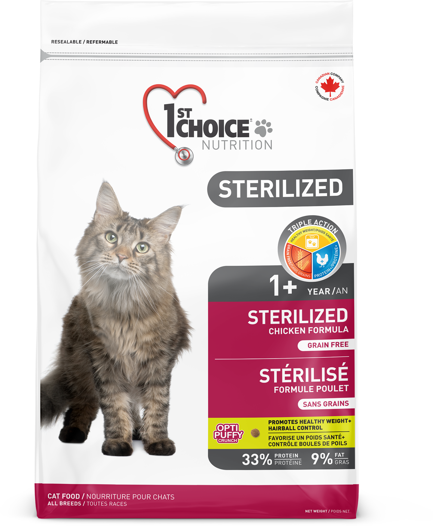 1ST CHOICE CHAT - STÉRILISÉ - TOUTES RACES - ADULTE 1 AN + - Sans grains - Formule poulet