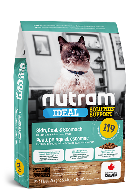 NUTRAM CHAT I19 IDEAL SOLUTION SUPPORT PEAU, PELAGE ET ESTOMAC - RECETTE POULET ET SAUMON