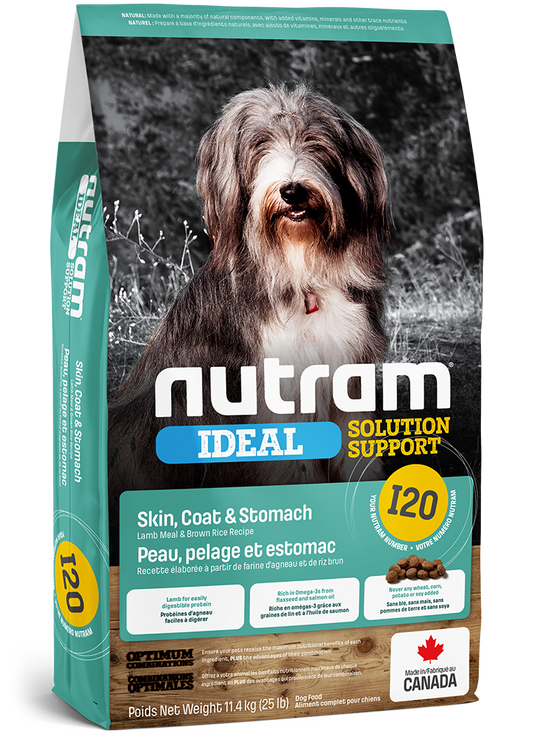 NUTRAM CHIEN I20 IDEAL SOLUTION SUPPORT PEAU. PELAGE ET ESTOMAC SENSIBLE - RECETTE AGNEAU ET RIZ BRUN